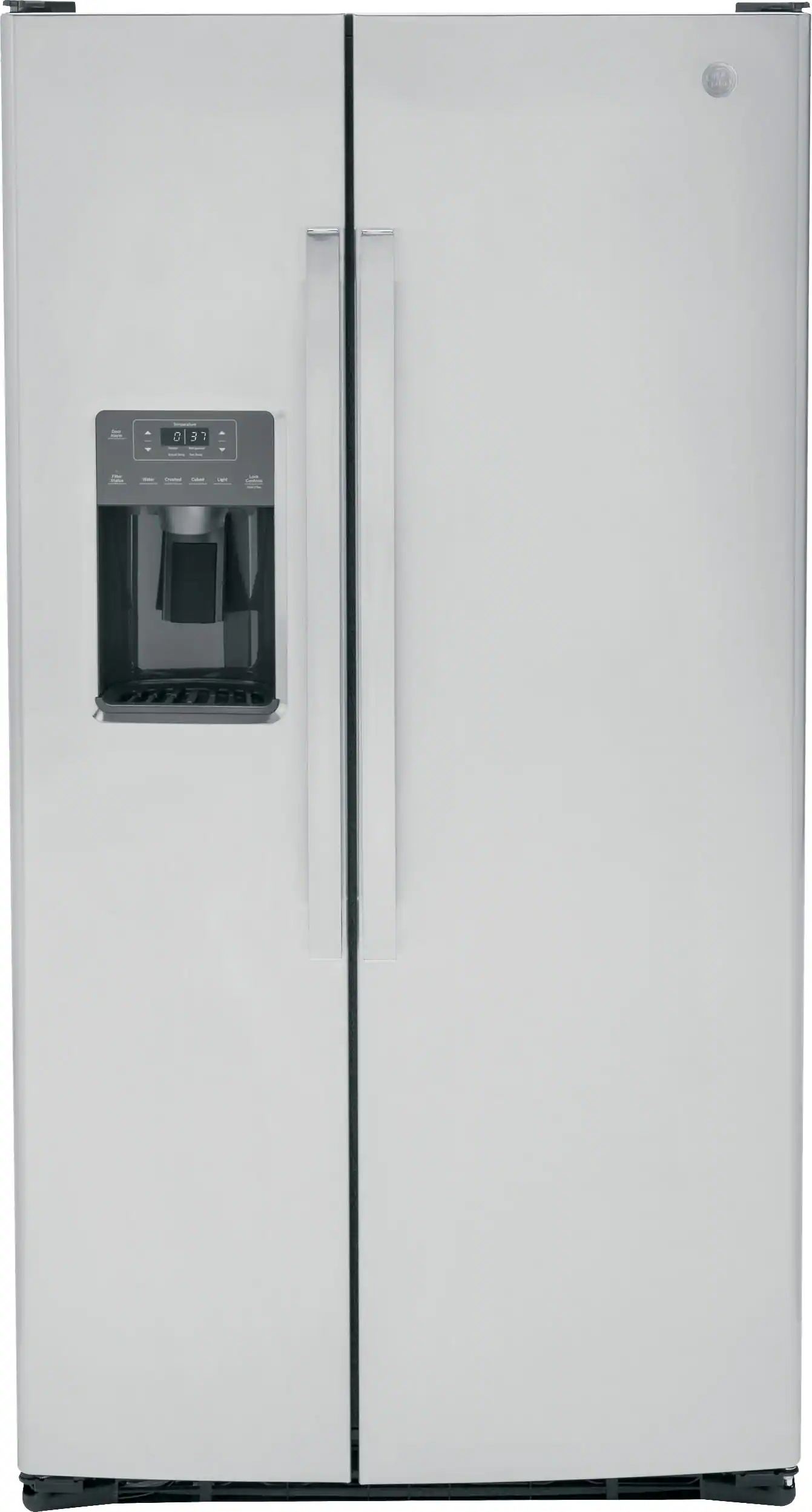 Front. GE - 25.3 Cu. Ft. Side-by-Side Refrigerator with External Ice & Water Dispenser - Stainless Steel.