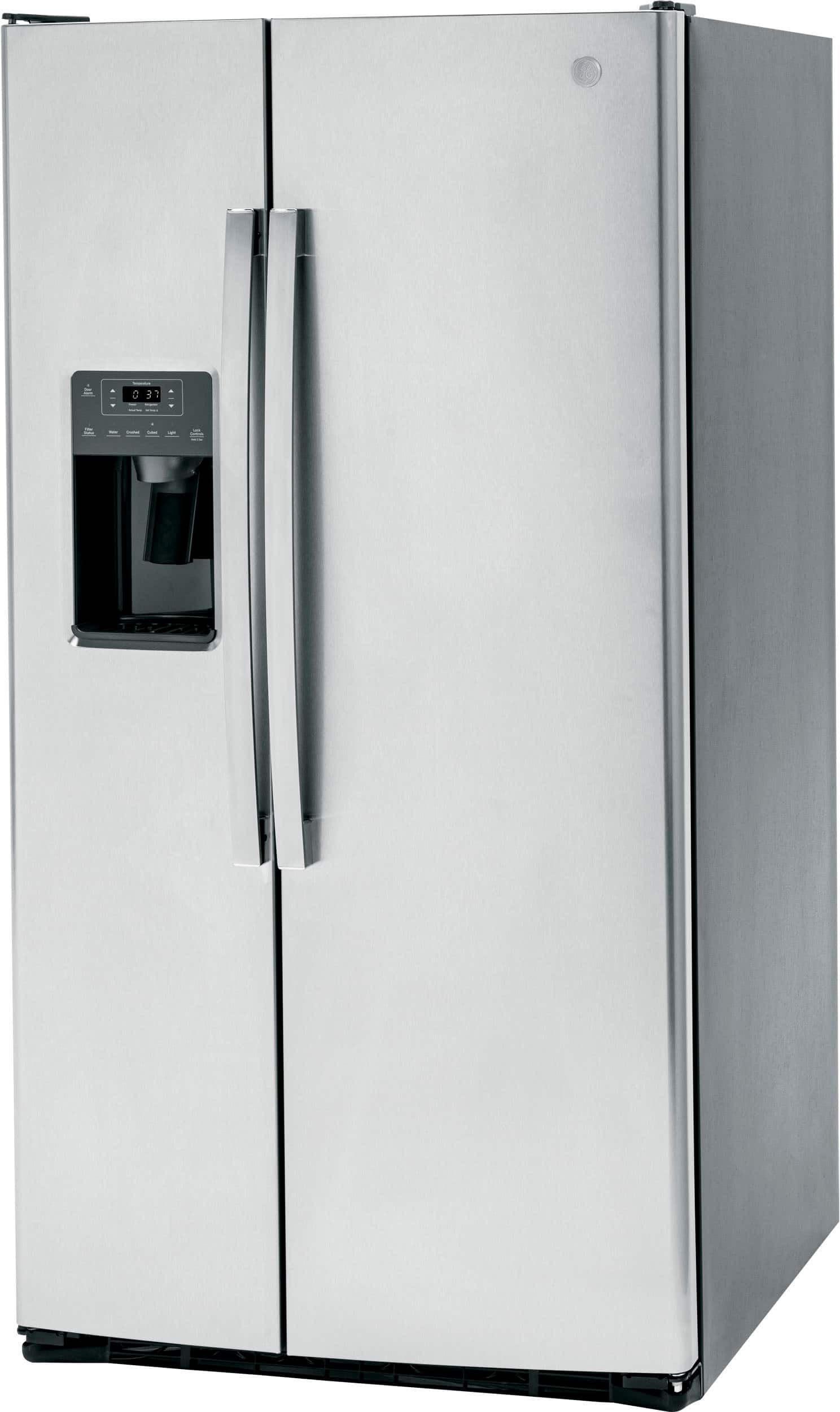 Left. GE - 25.3 Cu. Ft. Side-by-Side Refrigerator with External Ice & Water Dispenser - Stainless Steel.