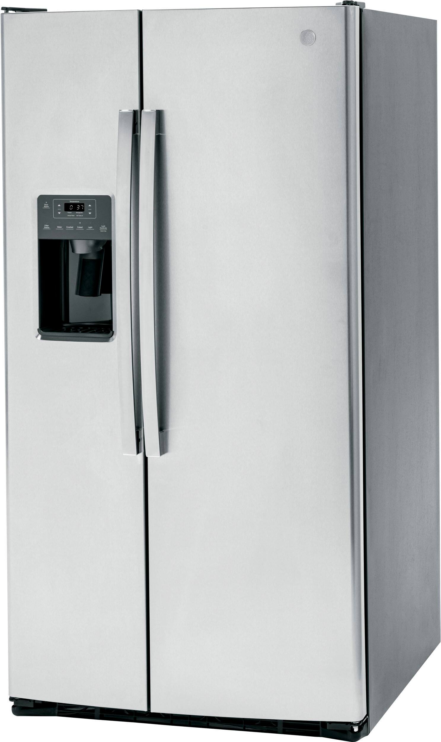 Left. GE - 25.3 Cu. Ft. Side-by-Side Refrigerator with External Ice & Water Dispenser - Stainless Steel.