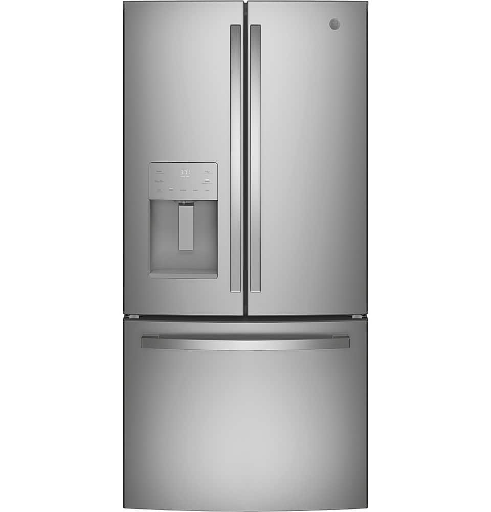 Front. GE - 17.5 Cu. Ft. French Door Counter-Depth Refrigerator - Stainless Steel.