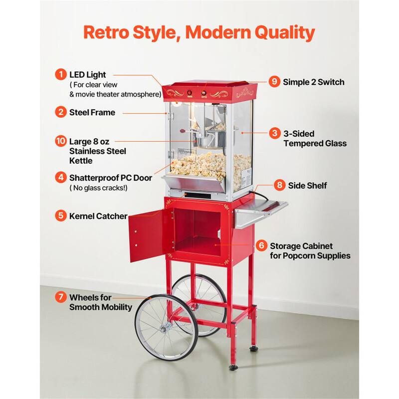 Retro Style, Modern Quality

1. LED Light (For clear view & movie theater atmosphere)
2. Steel Frame
3. 3-Sided Tempered Glass
4. Shatterproof PC Door (No glass cracks!)
5. Kernel Catcher
6. Storage Cabinet for Popcorn Supplies
7. Wheels for Smooth Mobility
8. Side Shelf
9. Simple 2 Switch
10. Large 8 oz Stainless Steel Kettle