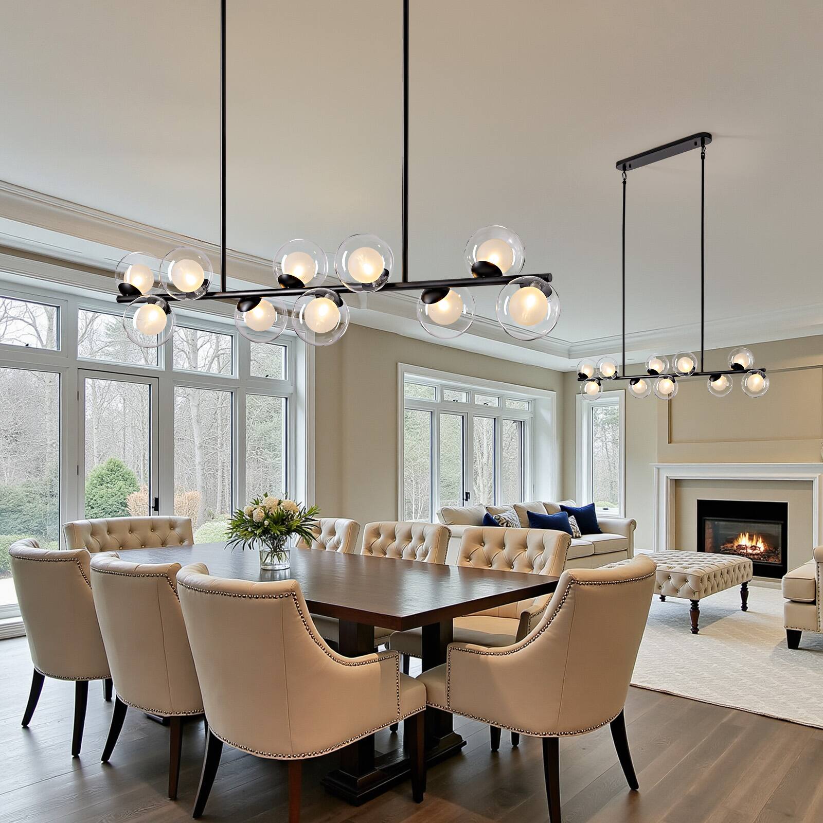 Alt View 5. Siljoy - Modern 10-Light Dimmable Linear Chandelier Clear Double Glass Gold Adj. Height – For Dining Kitchen Bedroom - Black.