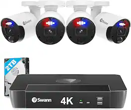 Swann - Professional 8-Channel, 4-Bullet Camera 4K HD, Indoor/Outdoor PoE Wired 2TB HDD NVR Security Surveillance System - Black