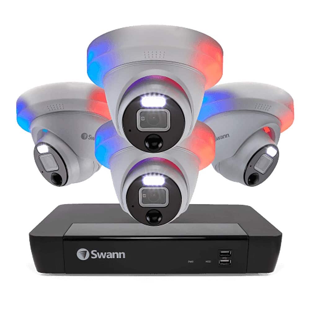 Left. Swann - Professional 8-Channel, 4-Dome Camera Indoor/Outdoor PoE Wired 4K UHD 2TB HDD NVR Security Surveillance System - White.