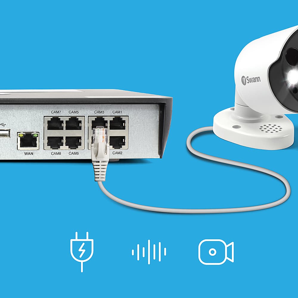 What's in the Box: x8 Network PoE Cable 60ft/18m HDMI Cable Poe Cable 3ft/1m Swann PoE NVR x8 NVR PoE Cameras NVR Power Adapter Swann 4K 2 TB Smart Security System Professional NVR Series Mouse 2TB Hard Drive Operating Instructions Swann SECURITY AAE dE CURTELLANE Swann SECURITY - Theft Deterrent Stickers Mounting Screws & Plugs