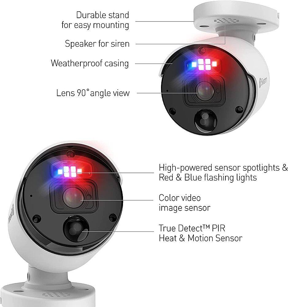 Durable stand for easy mounting Speaker for siren Weatherproof casing Lens 90 angle view High-powered sensor spotlights & Red & Blue flashing lights Color video image sensor True DetectTM PIR Heat & Motion Sensor