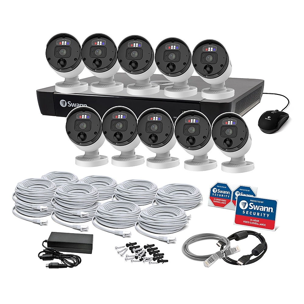 Angle. Swann - Pro Enforcer 16-Channel, 10-Bullet Camera Indoor/Outdoor PoE Wired 4K HD 2TB HDD NVR Security Surveillance System - White.