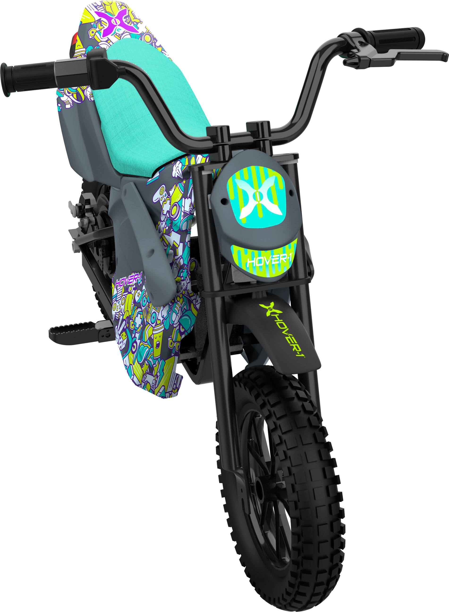 Left. Hover-1 - Trak Electric Dirt Bike for Kids, Silent-chainless motor, Lithium-ion Battery, 9 mi Range, 9 mph Max Speed - Black.