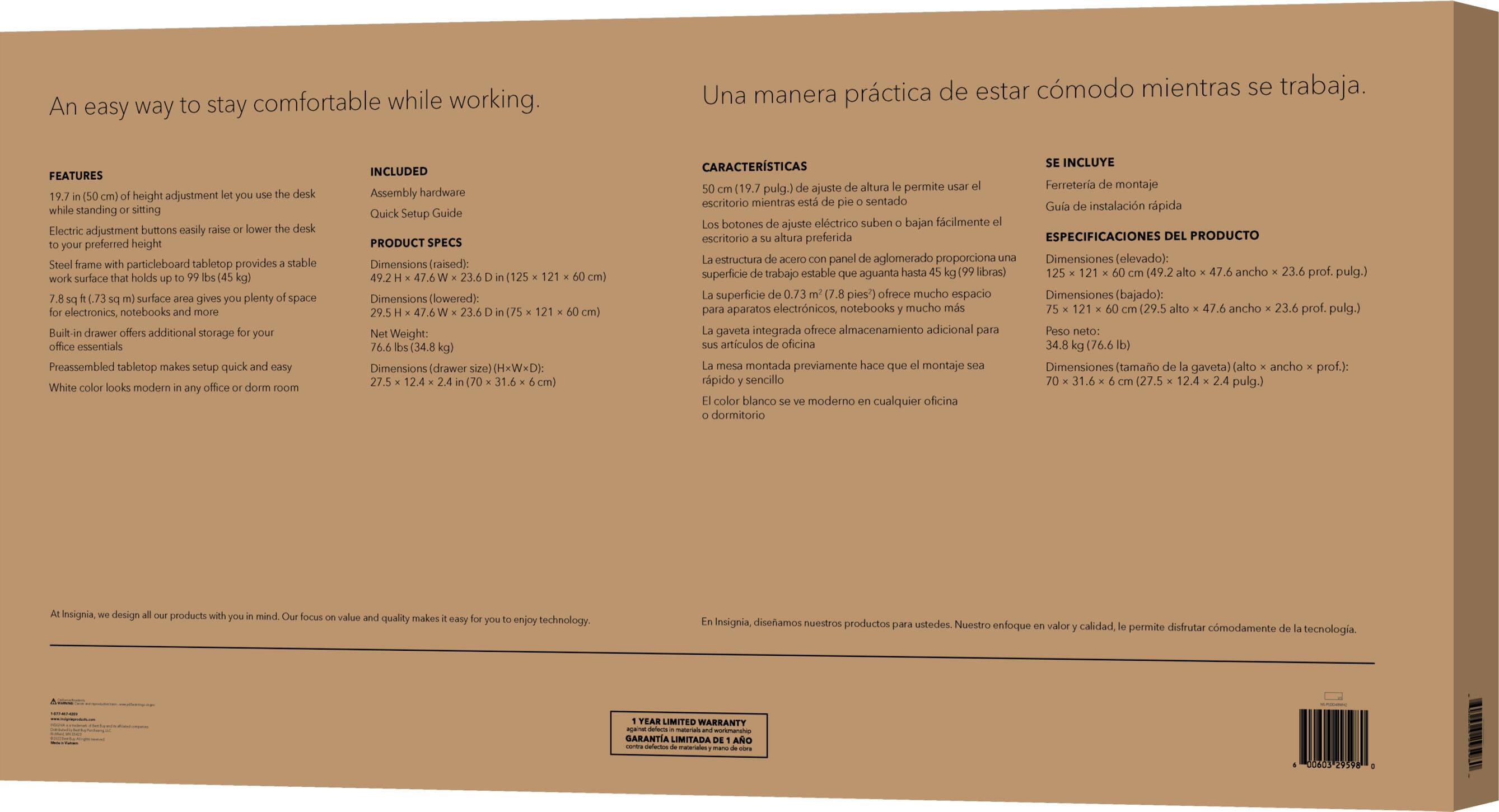 Alt View 18. Insignia™ - Adjustable Powered 1-Drawer Standing Desk with Electronic Controls – 47.6" Wide - White.