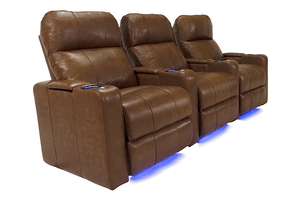 Left View: RowOne - Prestige Straight 3-Chair Leather Power Recline Home Theater Seating - Brown