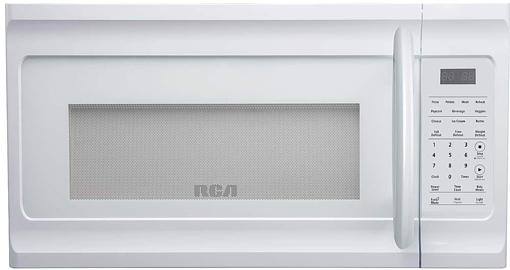 Photo 1 of RCA 1.6 Cu Ft Over the Range Microwave, White DENTED ON THE RIGHT SIDE.