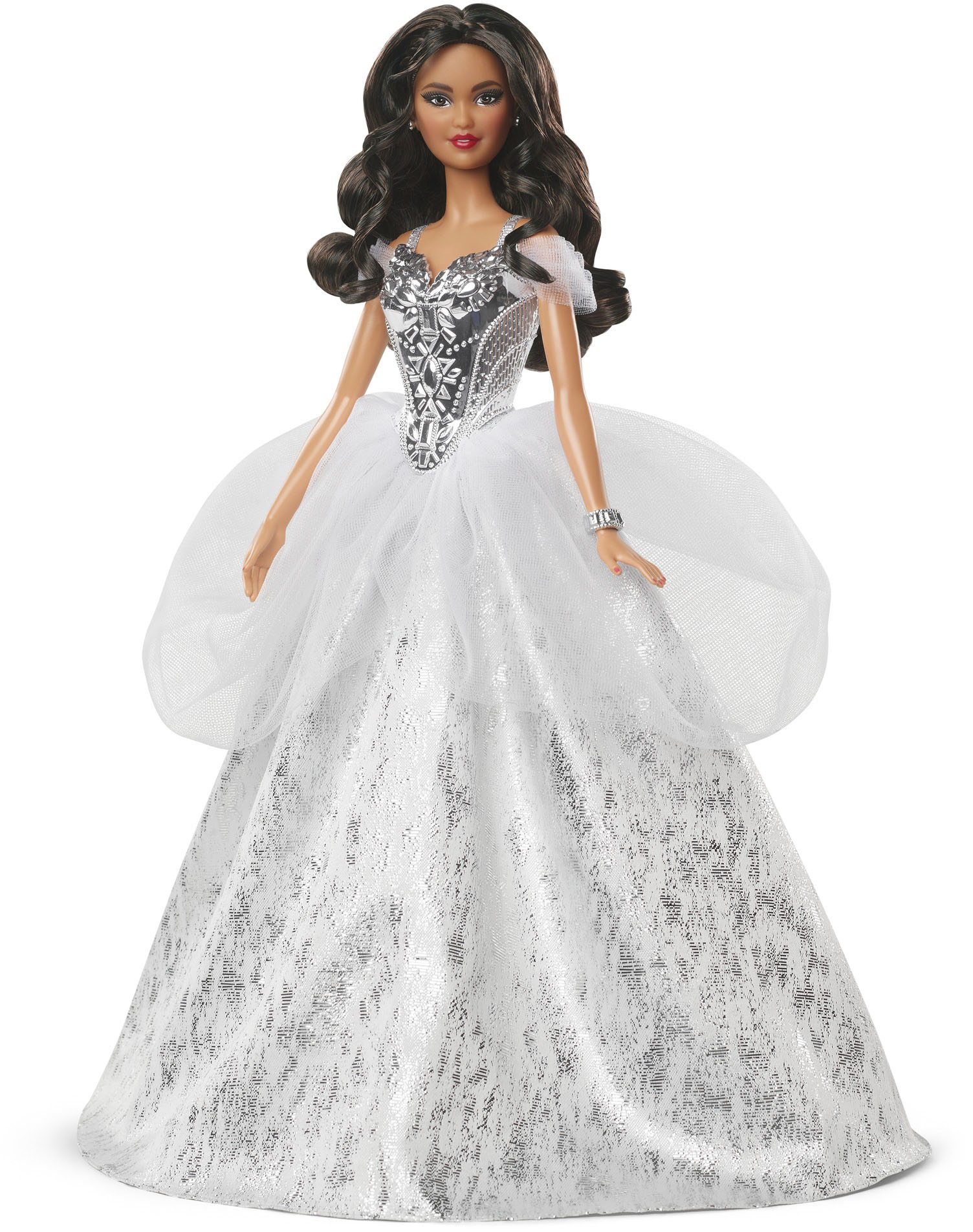 Left View: Barbie - 2021 Holiday Doll Brunette