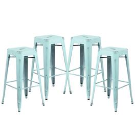 Emma + Oliver - Commercial Grade 4 Pack 30" High Backless Distressed Metal Indoor-Outdoor Barstool - Green-Blue