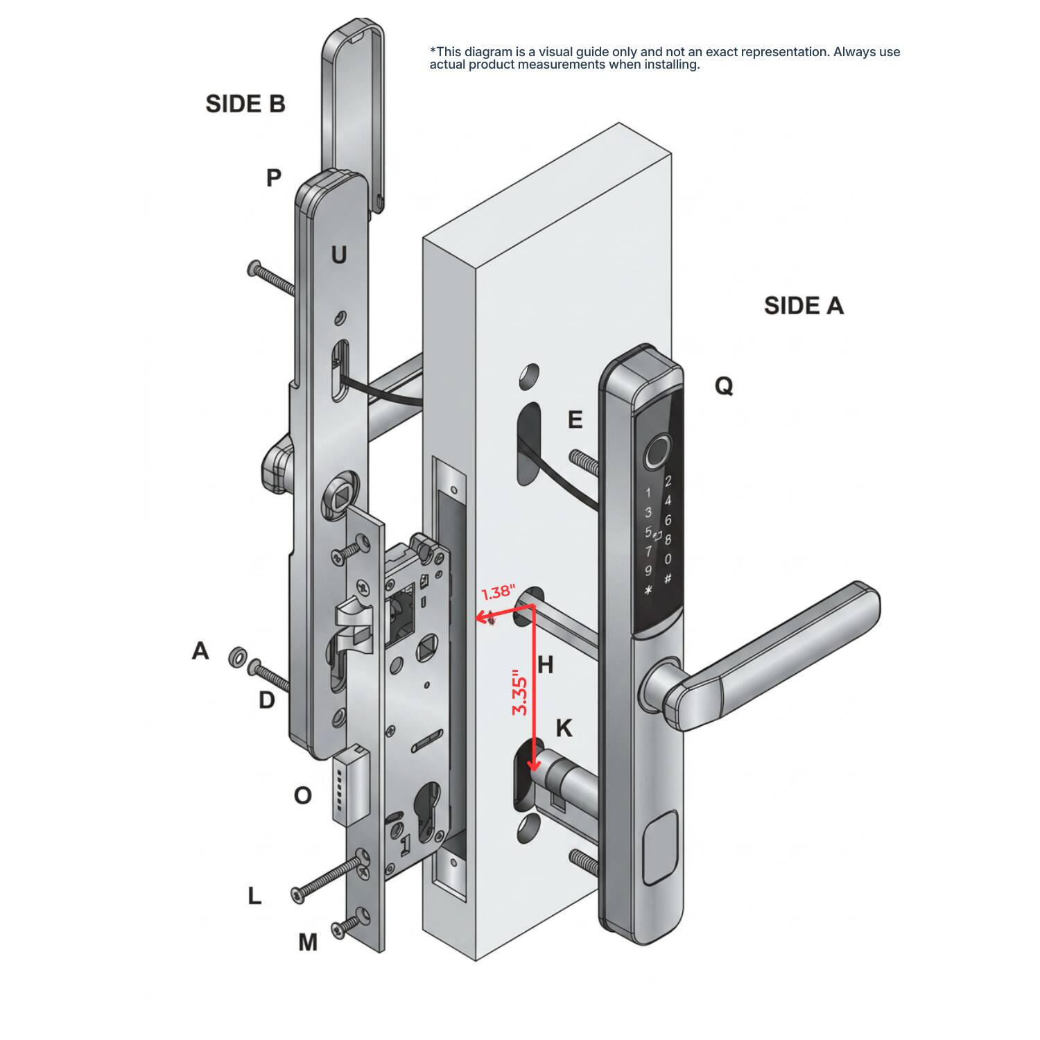*This diagram is a visual guide only and not an exact representation. Always use actual product measurements when installing.

SIDE B
P
U
SIDE A
A
D
1.38" H 3.35" K
13579
246800
Q
o
L
M