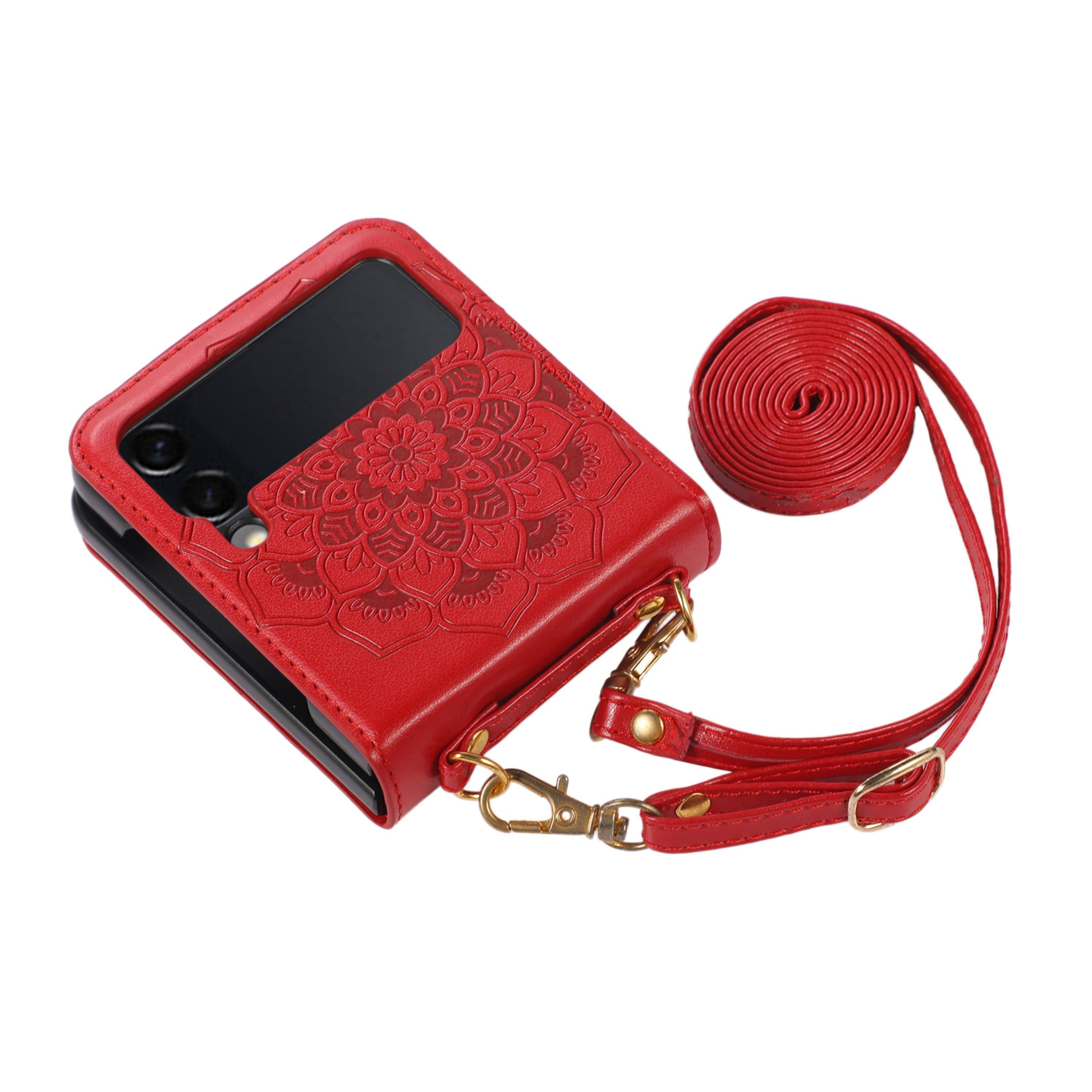 Angle. Kitcheniva - Vintage Style Vegan Leather Case For Samsung Galaxy Z Flip 6 Red - Red.