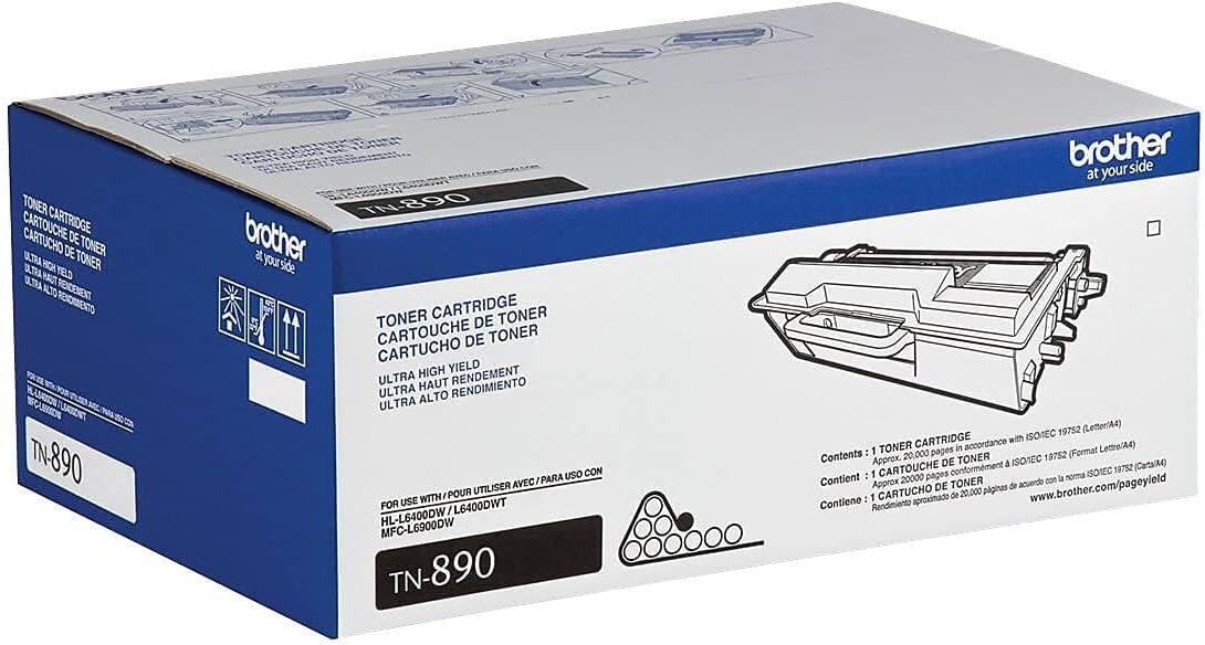 TONER CARTRIDGE  
CARTOUCHE DE TONER  
CARTUCHO DE TONER  

ULTRA HIGH YIELD  
ULTRA HAUT RENDEMENT  
ULTRA ALTO RENDIMIENTO  

TN-890  

FOR USE WITH:  
POUR UTILISER AVEC:  
PARA USAR CON:  

HL-L6400DW / L6400DW  
MFC-L6900DW  

Contents: 1 TONER CARTRIDGE  
Contient: 1 CARTOUCHE DE TONER  
Contiene: 1 CARTUCHO DE TONER  

ISOEC 19752 (Letter/A4)  
ISOEC 19752 (Carta(A4))  

Approx. 20,000 pages  
Approx. 20,000 páginas  
Approx. 20,000 pages  

www.brother.com/pageyield