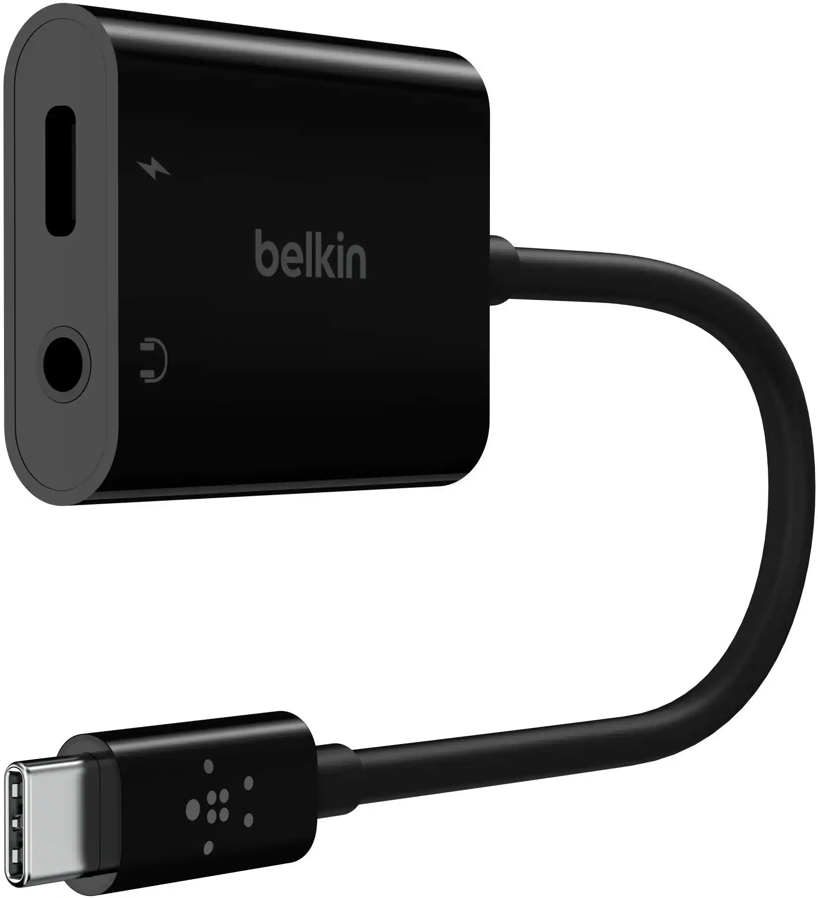 Front. Belkin - 3.5mm Audio & USB-C Adaptor - Fast Charge Compatible USB-C Audio Adaptor for iPad Pro, Galaxy, Pixel, OnePlus & More - Black.