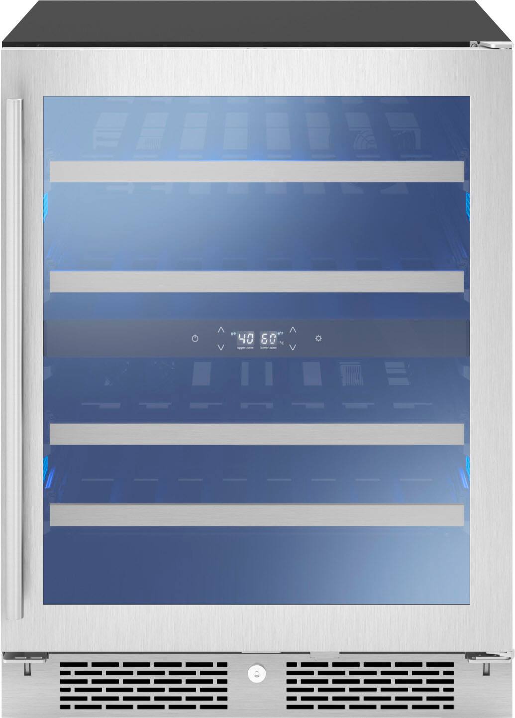 Angle. Zephyr - Presrv 24 in. 37 Bottle ADA Dual Zone Wine Cooler - Stainless Steel + Glass.