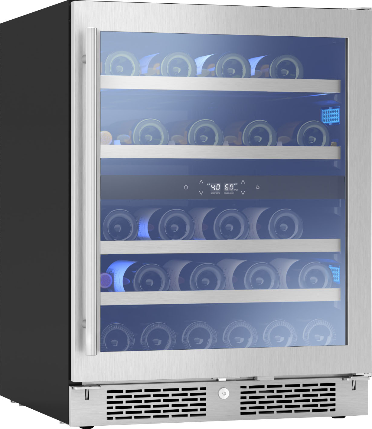 Left View: Zephyr - Presrv 24 in. 59 Bottle 161 Can, Dual Zone Wine and Beverage Cooler - Stainless steel and glass