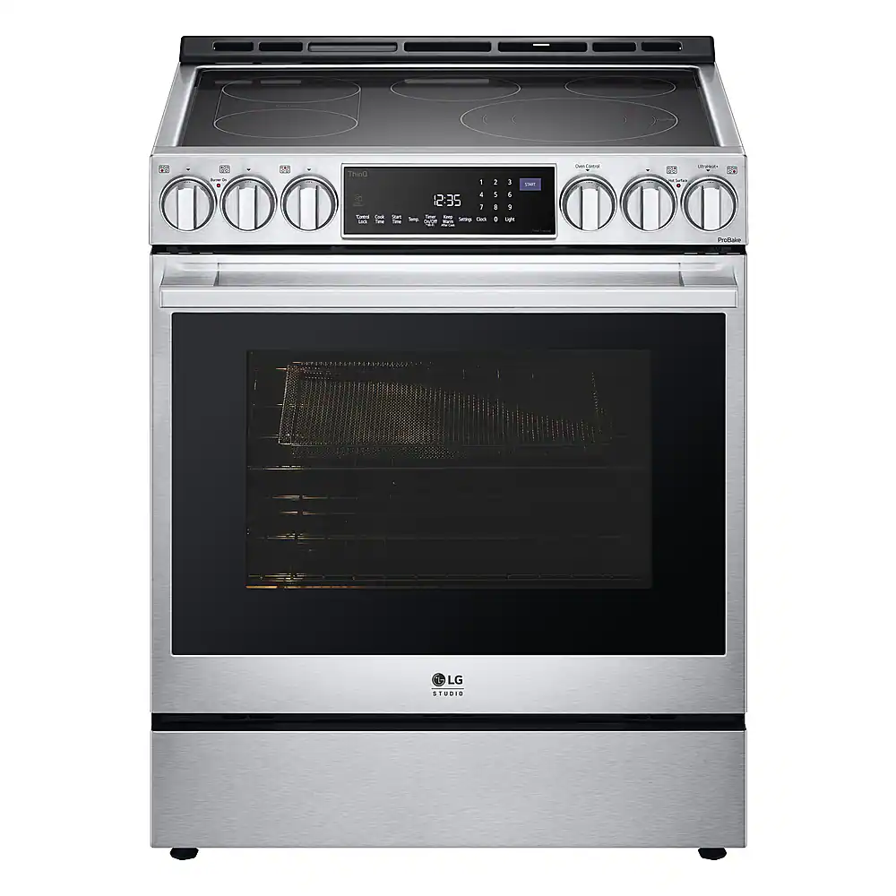 Front. LG - STUDIO 6.3 Cu. Ft. Smart Slide-In Electric True Convection Range with EasyClean and Air Sous Vide - Stainless Steel.