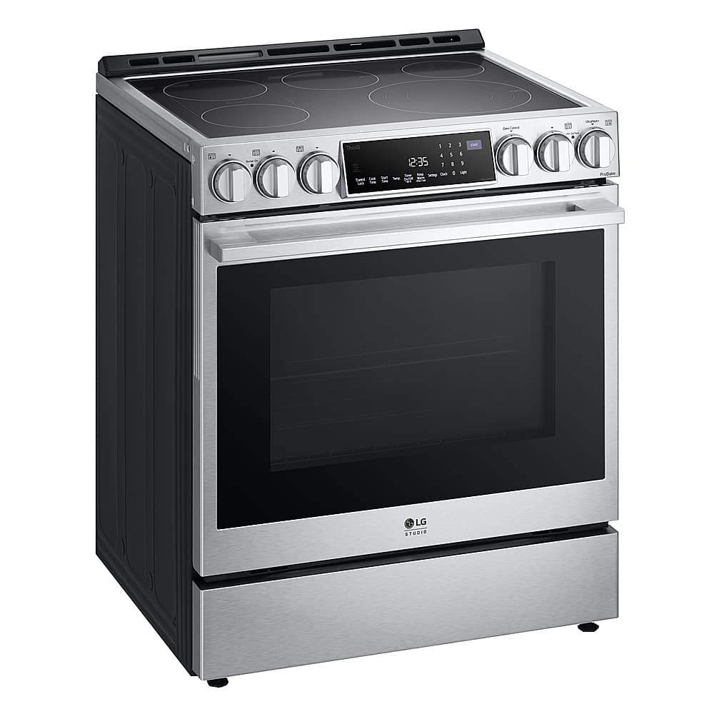 Left. LG - STUDIO 6.3 Cu. Ft. Smart Slide-In Electric True Convection Range with EasyClean and Air Sous Vide - Stainless Steel.