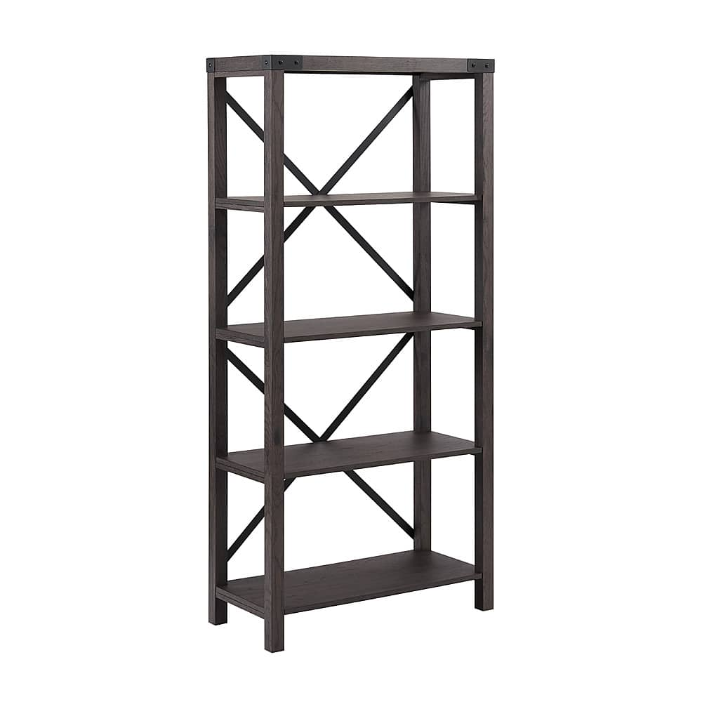 Left View: Walker Edison - Farmhouse Metal-X 4-Shelf 64" Bookcase - Sable