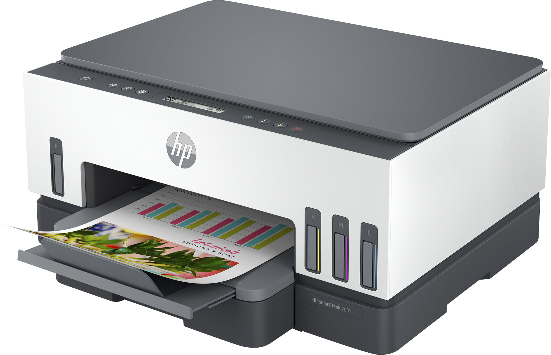 Left View: HP - Smart Tank 7001 Wireless All-In-One Supertank Inkjet Printer with up to 2 Years of Ink Included - White & Slate