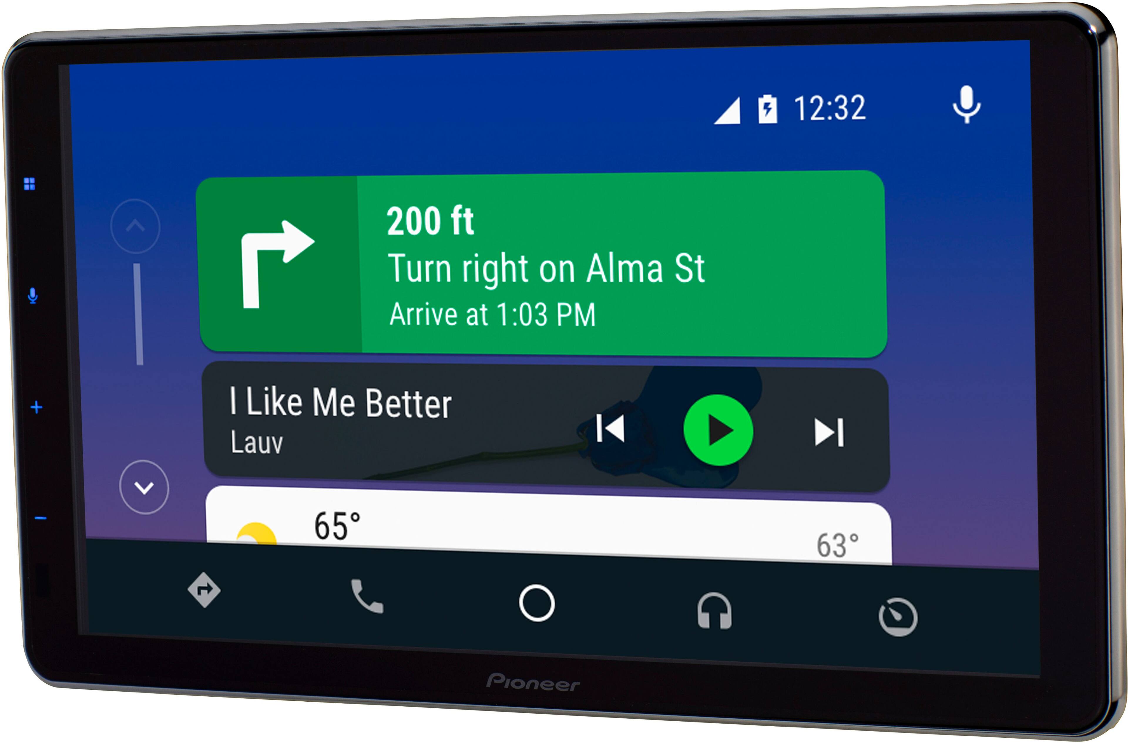 The image shows a Pioneer device with a map and directions displayed. The directions indicate that the user should turn right on Alma St and arrive at their destination at 1:03 PM. The device also plays music by Lauv, which is titled "I Like Me Better." The device is set to 65 degrees Fahrenheit.