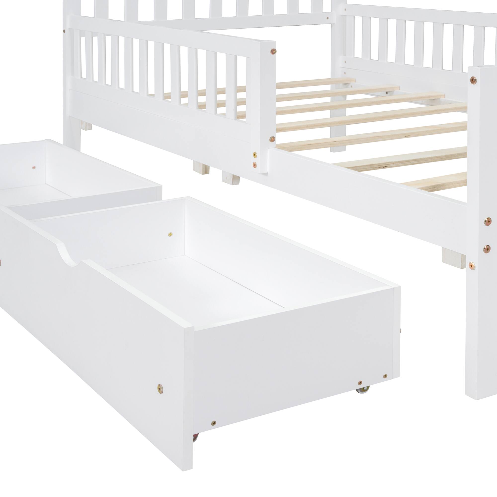 Alt View 5. GOODSILO - Twin Size Wood Platform Bed with Dual Guardrails and Underbed Storage Drawers for Enhanced Safety and Organization - White.