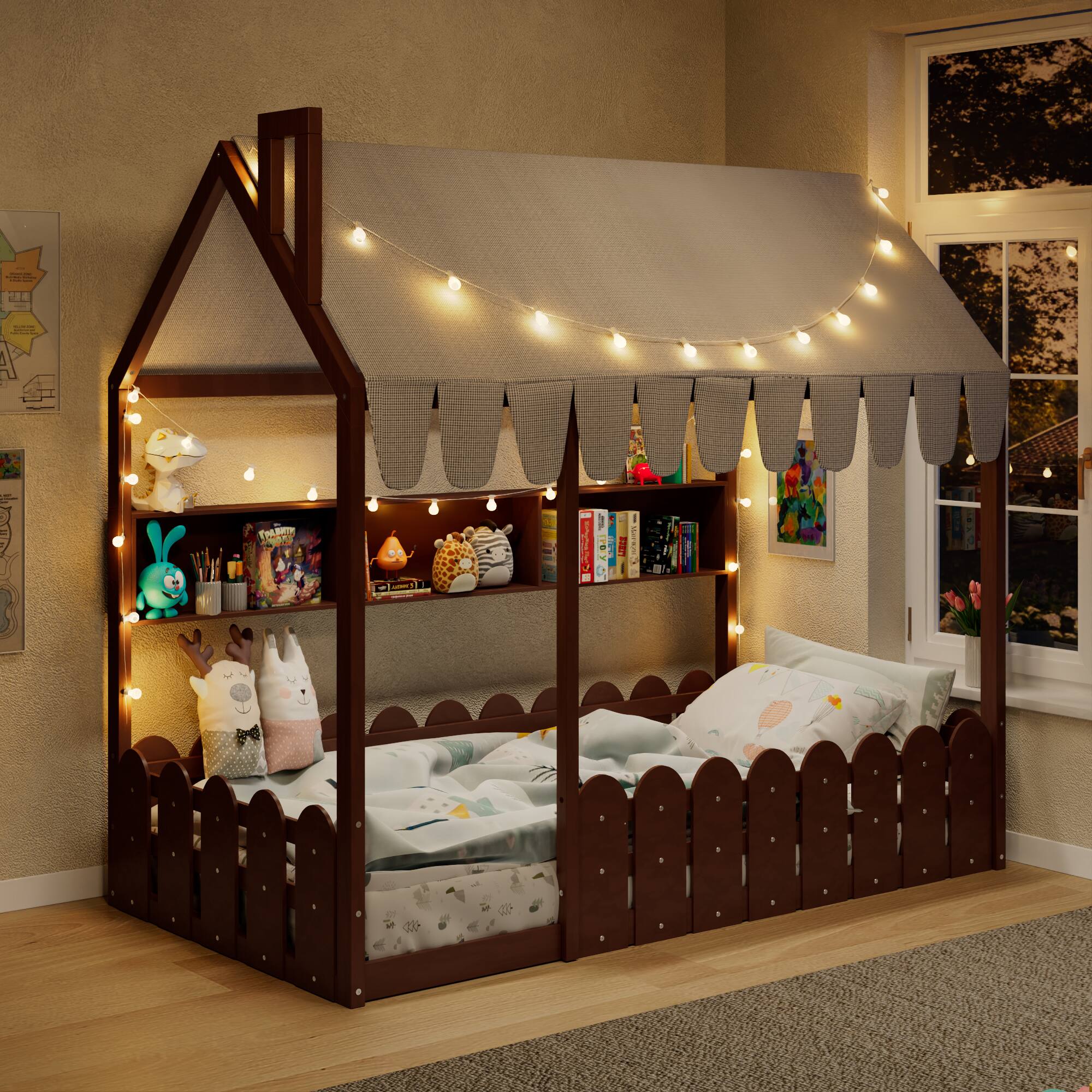 Anysun - Twin Montessori House Bed for Kids - Floor Bed with Fence Railings, Tent, Lights & 3 Storage Shelves - Espresso price history on PriceWatchPro