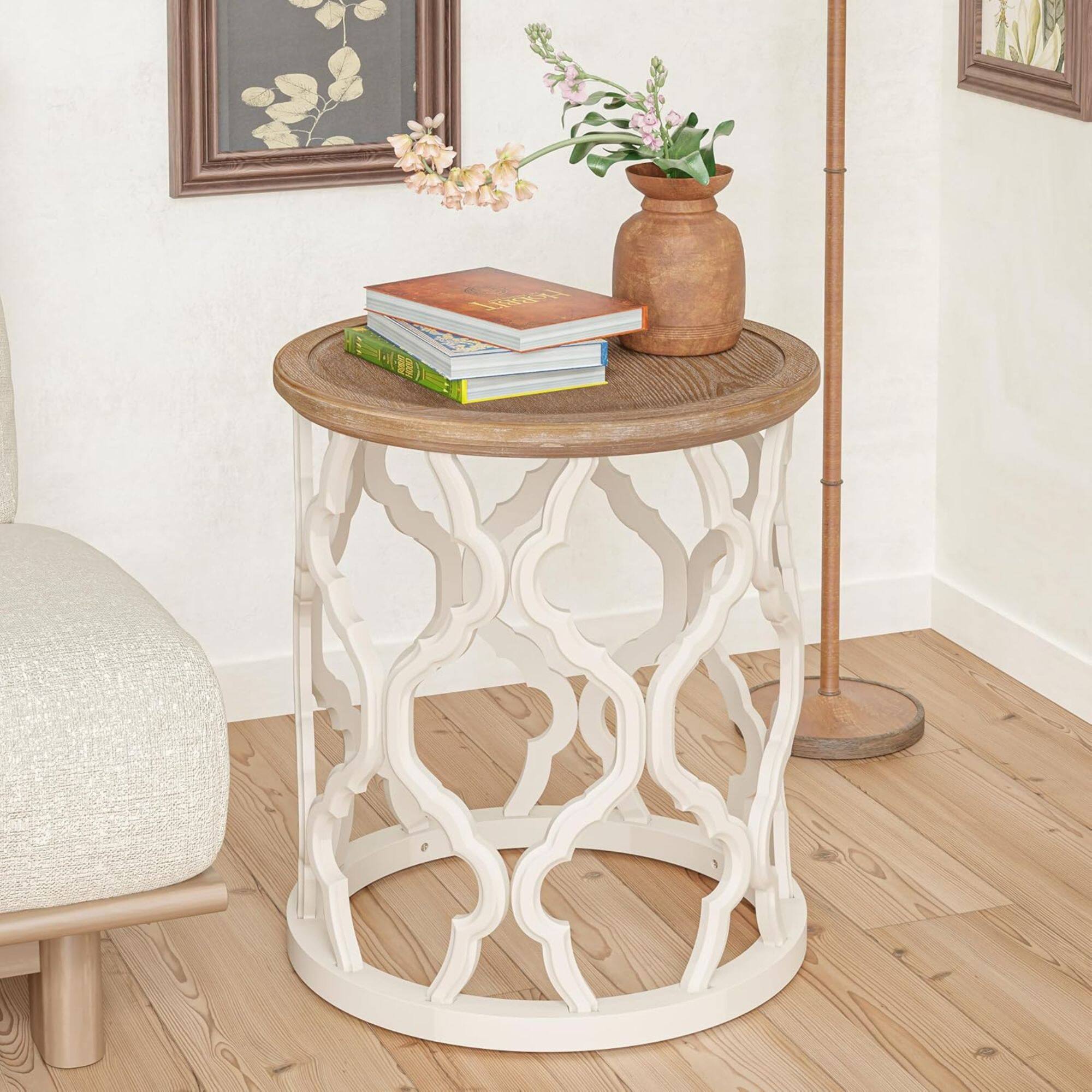 Alt View 5. COZAYH - COZAYH Rustic Table Round Accent Side Wood Tray Top Curved Base Furniture, White - Wood, White.