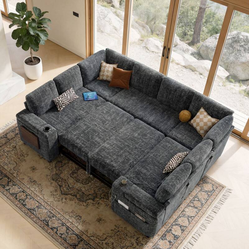 Alt View 1. Dyonery - 112” Modular Sectional Sofa with Storage, U Shaped Couch for Living Room, 8-Seat Chenille Deep Seat Sofa. - Grey.