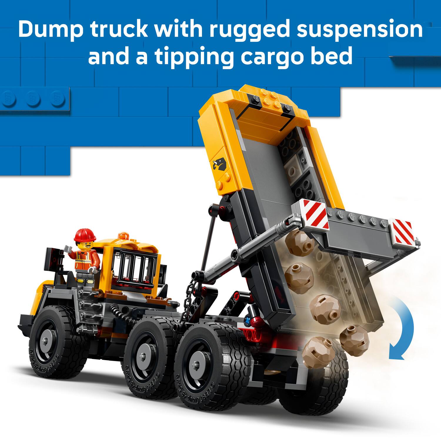 Dump truck with rugged suspension and a tipping cargo bed