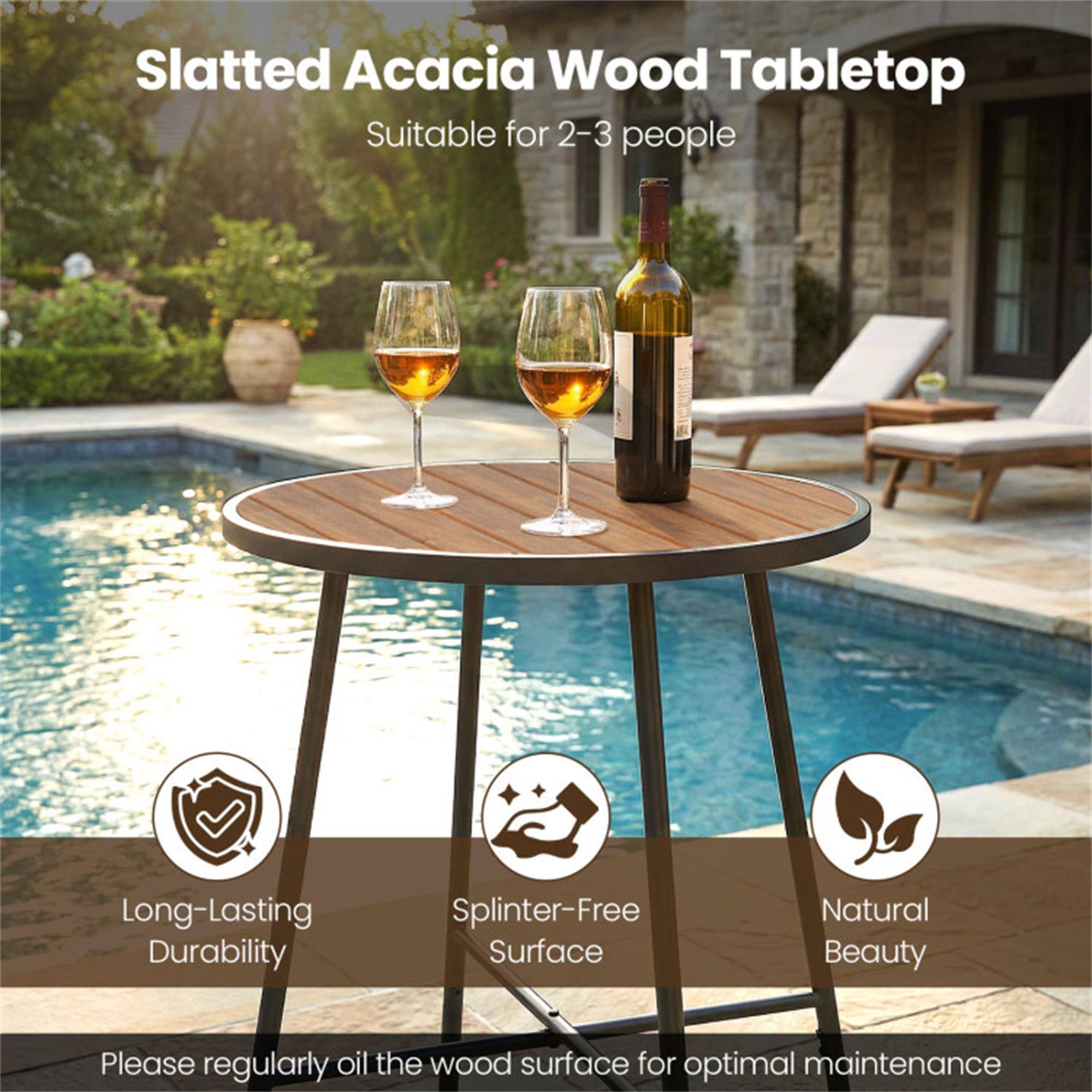 Slatted Acacia Wood Tabletop  
Suitable for 2-3 people  

- Long-Lasting Durability  
- Splinter-Free Surface  
- Natural Beauty  

Please regularly oil the wood surface for optimal maintenance.
