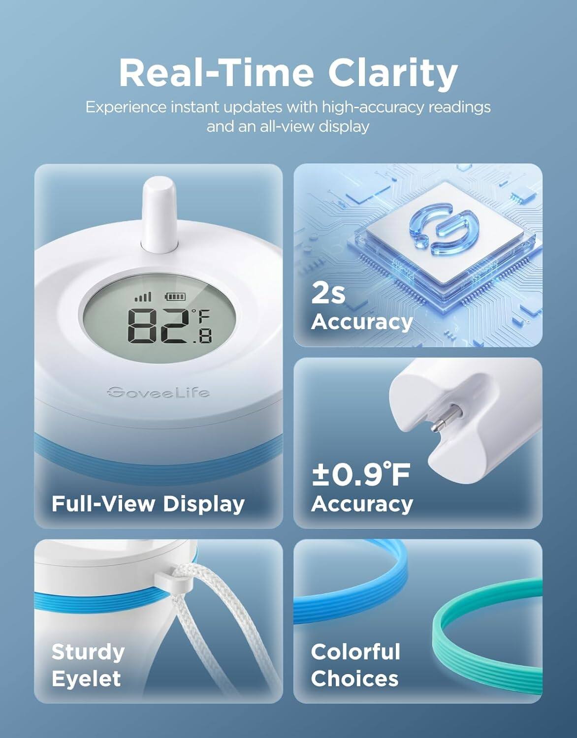 Real-Time Clarity  
Experience instant updates with high-accuracy readings and an all-view display  

C 2s F  
Accuracy 82.8  

GoveeLife  
Life Full-View Display  
±0.9°F Accuracy  
Sturdy Eyelet  
Colorful Choices