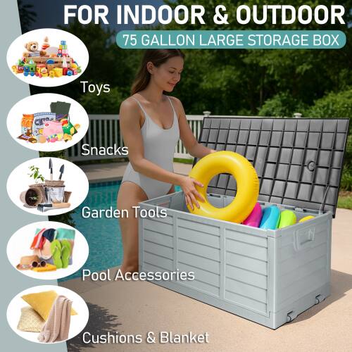 FOR INDOOR & OUTDOOR  
75 GALLON LARGE STORAGE BOX  

- Toys  
- Snacks  
- Garden Tools  
- Pool Accessories  
- Cushions & Blanket