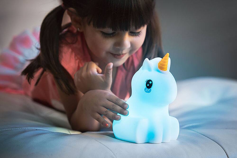 Angle. LumiPets - Kids' Night Light Unicorn Lamp with Remote - White.