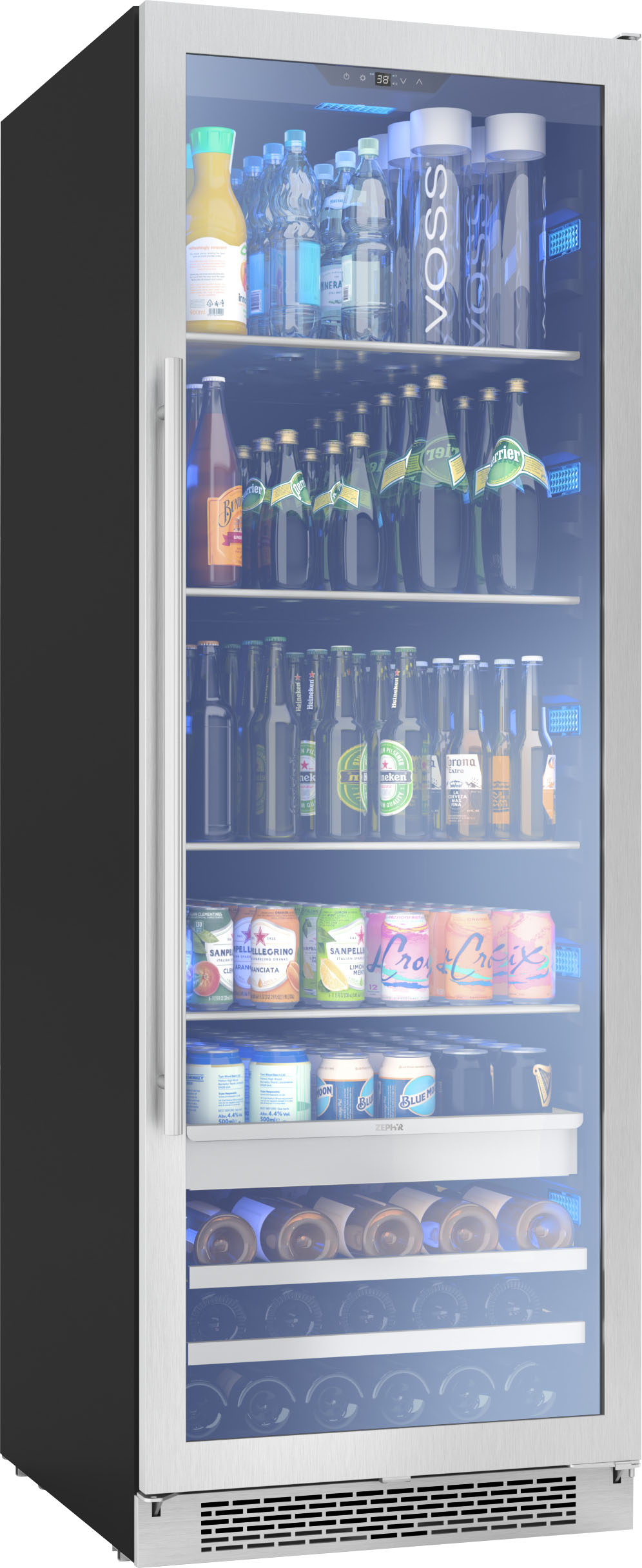 Left View: Zephyr - Presrv 15 in. 4-Bottle and 64-Can Single Zone Beverage Cooler - Stainless steel and glass