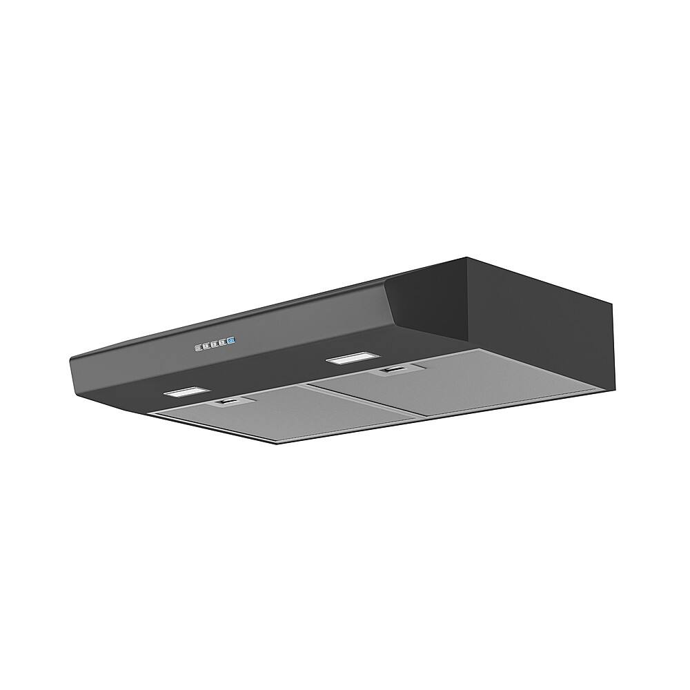 Angle. Zephyr - Breeze II 36 in. 400 CFM Under Cabinet Range Hood with LED Lights - Black Stainless Steel.