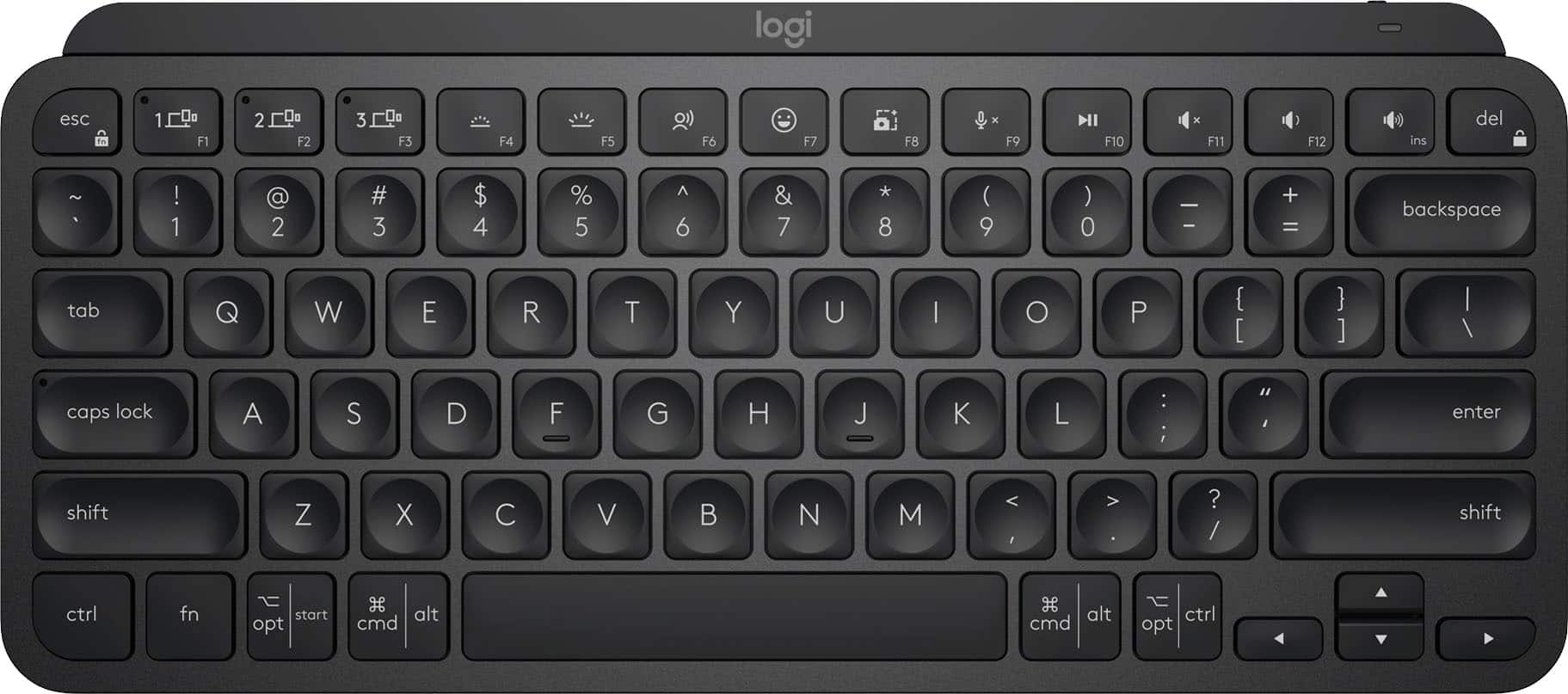 The image shows a black Logitech keyboard with a white background. The keyboard has a standard layout with letters, numbers, and function keys. The function keys are labeled with their corresponding names, such as F1, F2, F3, and so on. Additionally, the keyboard has a dedicated key for the Escape (Esc) function, which is located near the top left corner. The layout also includes a numeric keypad, which is located on the right side of the keyboard. The overall design and layout of the keyboard are typical of a modern computer keyboard.