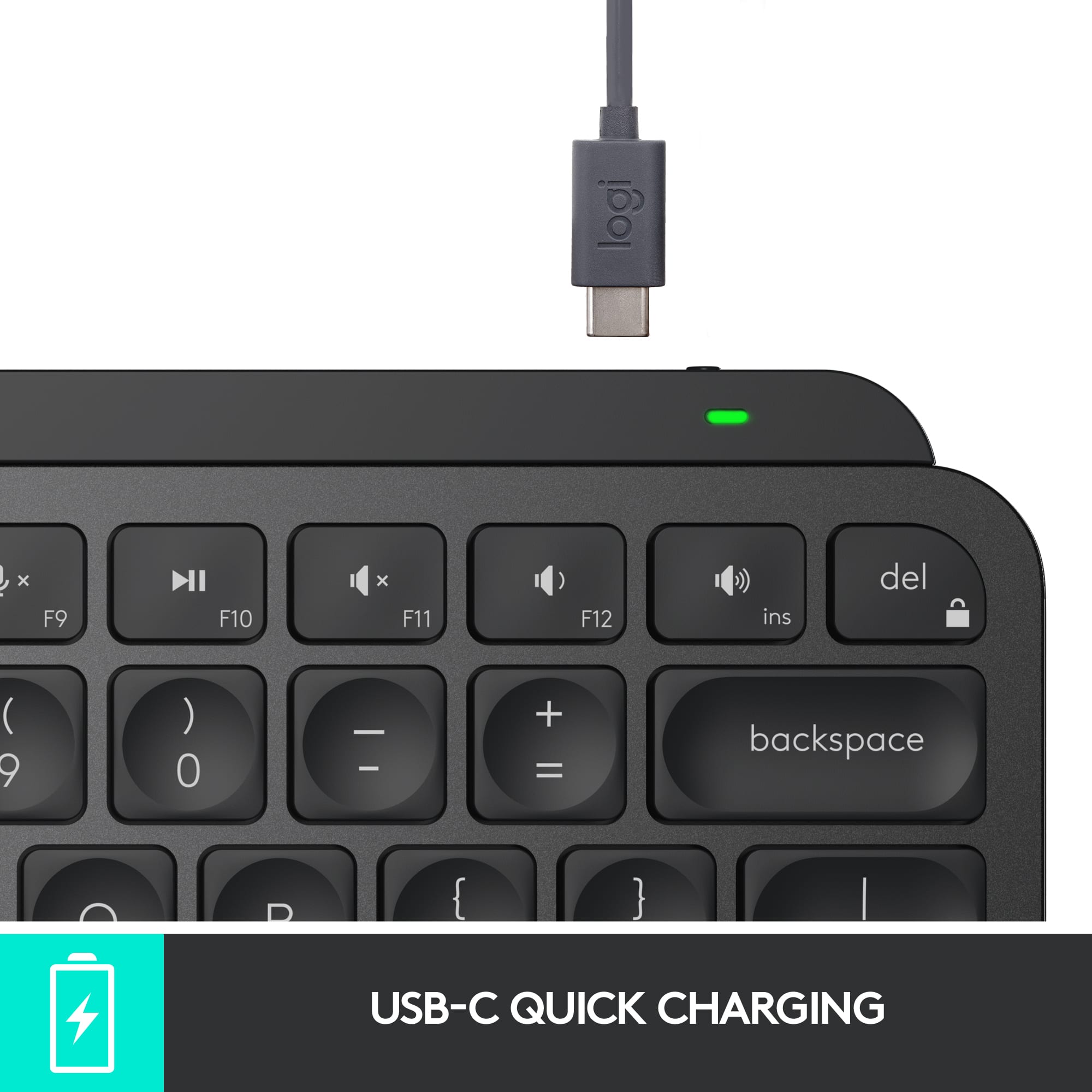 The text on the image is grouped and corrected as follows:
USB-C QUICK CHARGING
This text describes the charging feature of the keyboard, which is compatible with USB-C devices and supports quick charging.