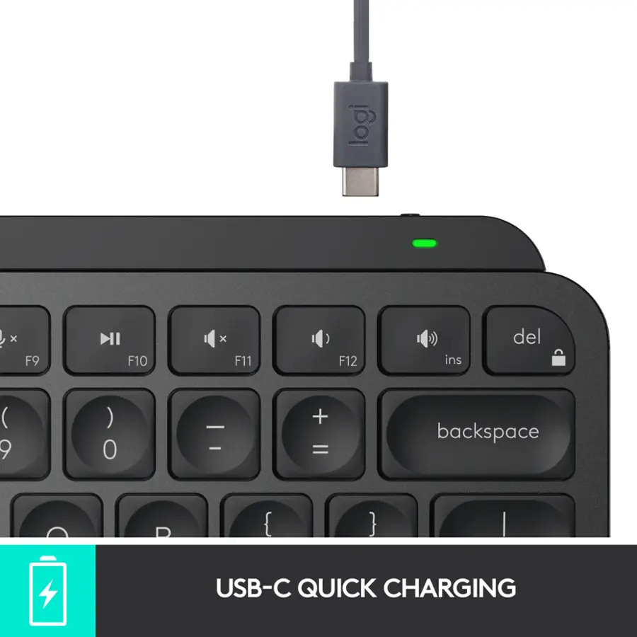 The text on the image is grouped and corrected as follows:

USB-C QUICK CHARGING

This text describes the charging feature of the keyboard, which is compatible with USB-C devices and supports quick charging.