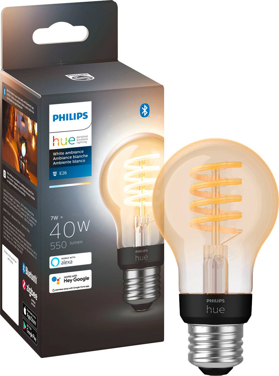 Philips - Hue Filament A19 Bluetooth Smart LED Bulb - White Ambiance