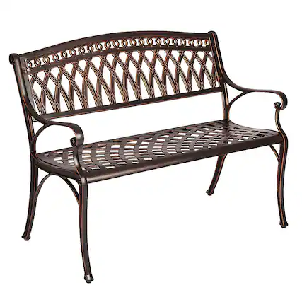 Front. Patio Sense - Patio Sense Simone Cast Aluminum Patio Bench Heavy Duty Rust Free Metal Construction Front Porch, Lawn, Garden - Bronze - Antique bronze.