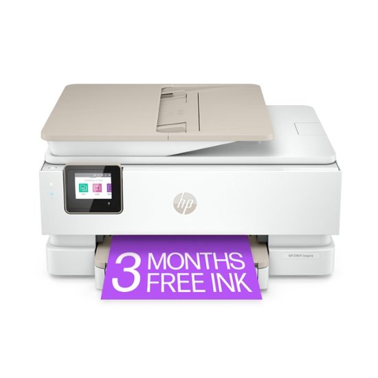 The image features a white HP printer with a purple sign that reads "3 months 3 free ink." The printer is placed on a white background, and the sign is prominently displayed in front of the printer.