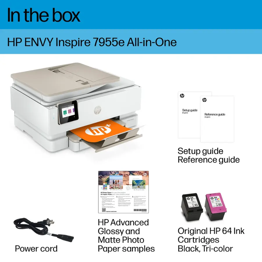 In the box, you'll find an HP ENVY Inspire 7955e All-in-One printer, along with a setup guide and reference guide for easy installation and use. The printer is designed to print high-quality photos and documents using HP Advanced Glossy and Matte Photo Paper samples. Additionally, the package includes Original HP 64 Ink Cartridges in black, tri-color, and photo colors to ensure optimal printing performance.