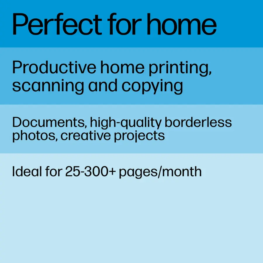 Perfect for home: Productive home printing, scanning and copying. Documents, high-quality borderless photos, creative projects. Ideal for 25-300+ pages/month.
