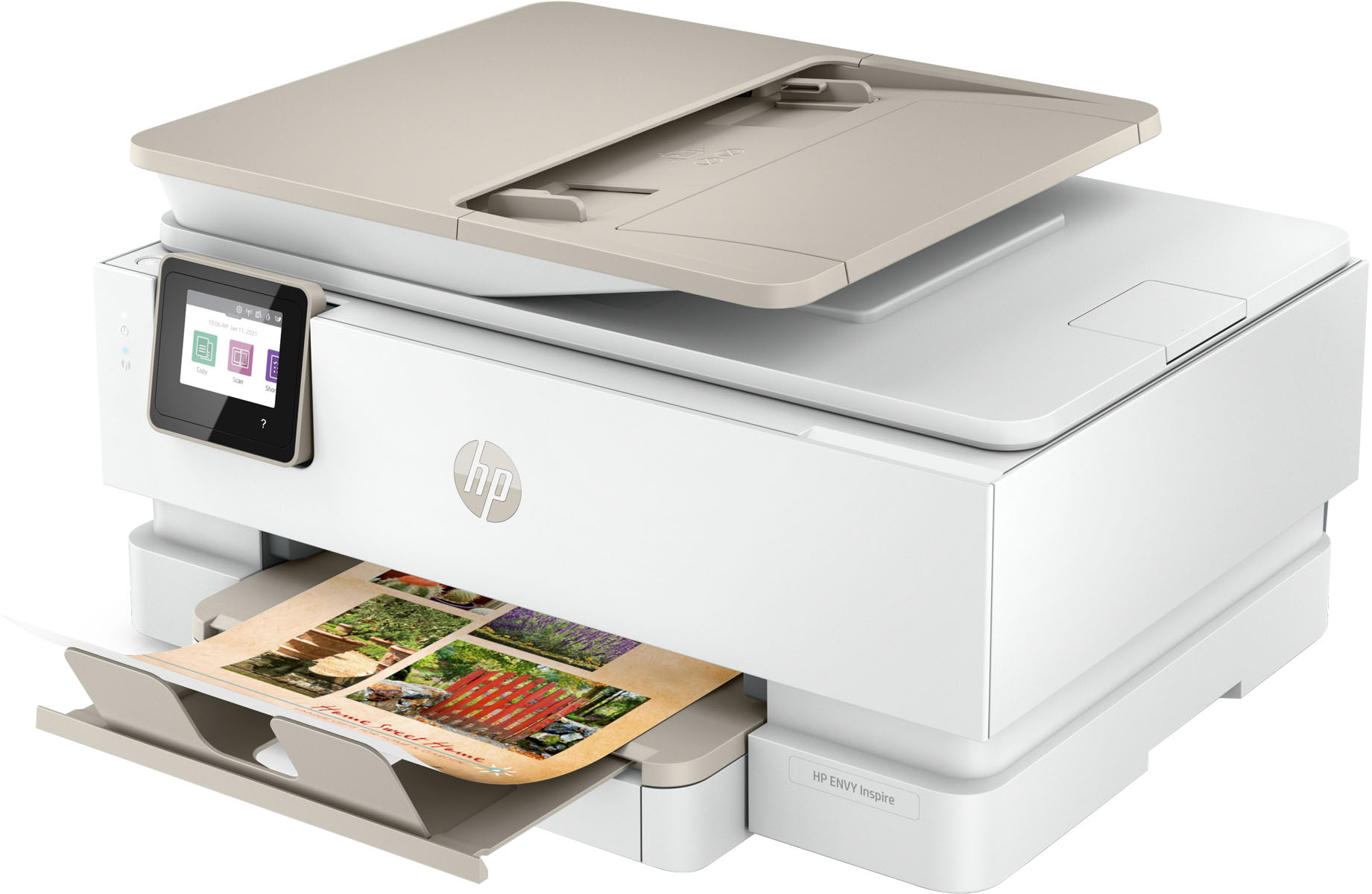 Left View: HP - ENVY Inspire 7955e Wireless All-In-One Inkjet Photo Printer with 3 months of Instant Ink included with HP+ - White & Sandstone