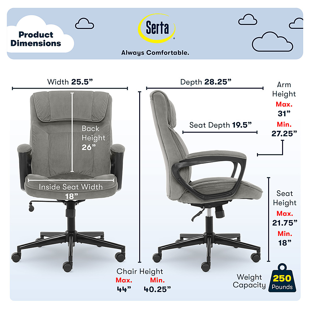 Left View: Serta - Hannah Velvet Microfiber Office Chair - Gray