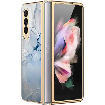 Front. SaharaCase - Marble Series Case for Samsung Galaxy Z Fold3 5G - Blue/Gold.